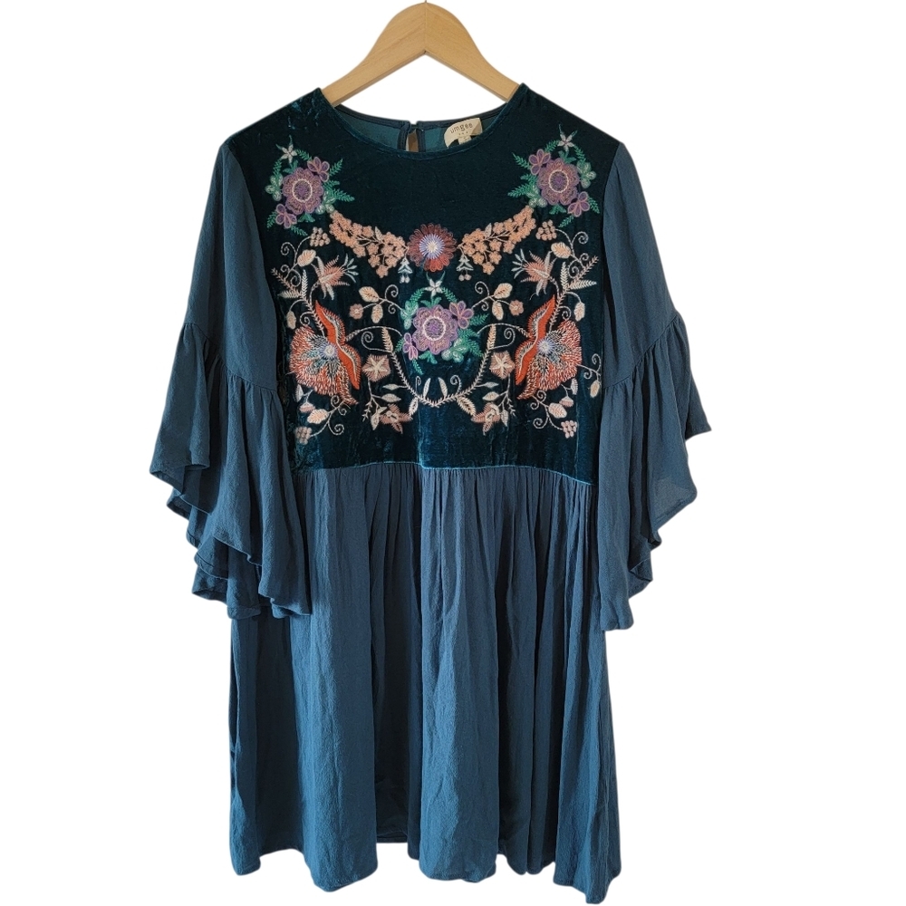 Umgee Teal Blue Embroidered Mini Dress